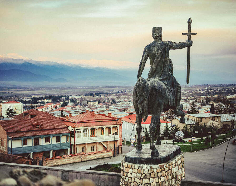 King Erekle Monument with Telavi and the Caucasus Mountains in the background