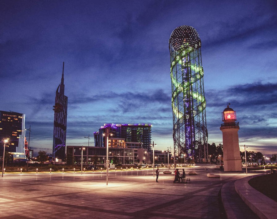 The Alphabet Tower and other landmarks in Batumi by night