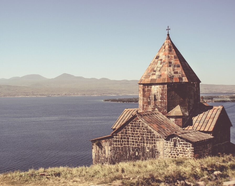 Sevanavank Monastery with Lake Sevan in the background