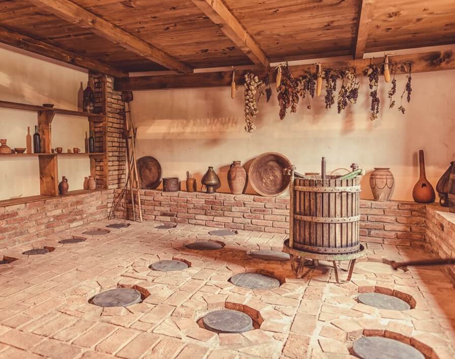A Georgian wine cellar with clay amphorae for wine production